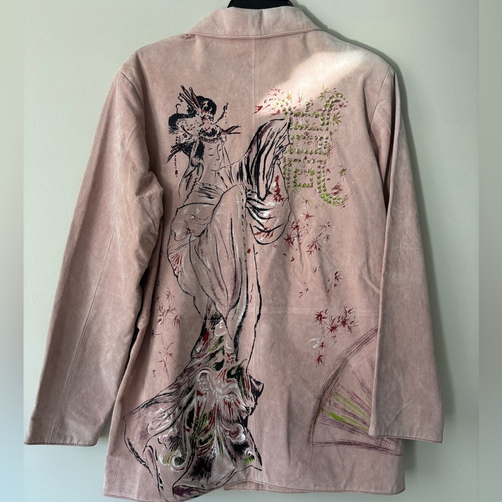 Vintage Ethereal Pastel Pink Painted Geisha Retro Indie Midi Suede Jacket Large - Picture 7 of 14